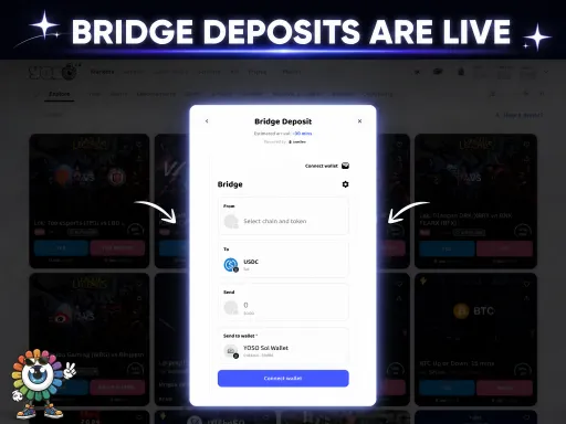 The image showcases a "Bridge Deposit" modal on the Yoso platform, with the bold header "BRIDGE DEPOSITS ARE LIVE," highlighting the new feature allowing users to bridge assets from another network directly during the deposit flow. The modal displays fields for selecting a chain/token (with USDC shown), entering a send amount, and choosing a connected wallet (RSQ Sui Wallet) for a seamless deposit experience.