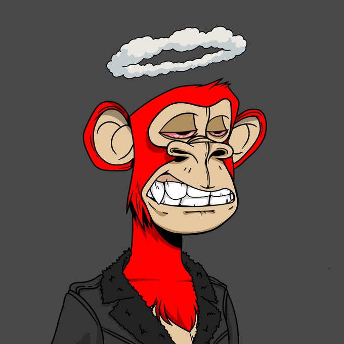 A cartoon illustration of a red monkey wearing a black leather jacket with a halo floating above its head, displaying a smug grin.
