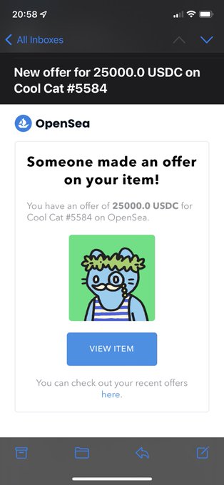 An email screenshot shows an OpenSea notification about a 'New offer for 25000.0 USDC on Cool Cat #5584', featuring a blue Cool Cat NFT image.