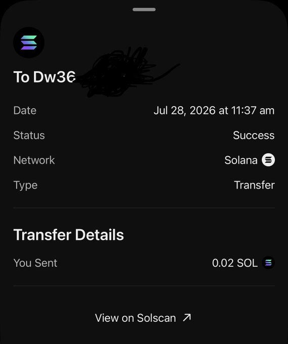 A dark-themed digital wallet transaction receipt showing a successful 0.02 SOL transfer on the Solana network sent to address 'Dw3...' on Jul 28, 2026 at 11:37 am, with an option to 'View on Solscan'.