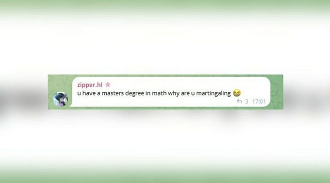 The image shows a chat message from "zipper.hl" saying "u have a masters degree in math why are u martingaling 😩" alongside a post explaining HyperEVM's dual block structure with different gas limits and bidding mechanisms.

The caption humorously illustrates the irony highlighted in the post: the commenter questions why someone with mathematical expertise would be using a martingale (a betting strategy that doubles down to recover losses), given HyperEVM's fast blocks being "MUC