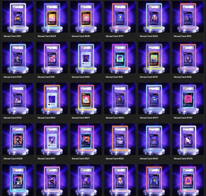 A grid of 30 unique NFT collectibles, each labeled "Monad Card" followed by a unique four-digit number (e.g., #321, #603, #38), displayed in glowing display cases. The collection showcases the variety of digital cards hosted on monadvision.com, as referenced in the post.