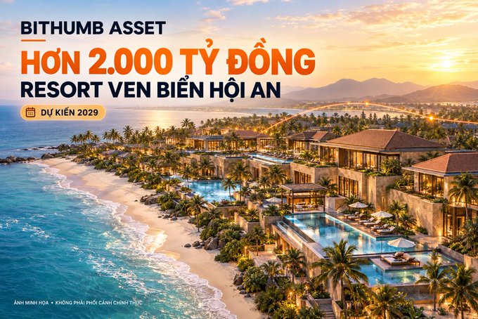A scenic rendering of a luxurious coastal resort features elegant villas with private pools along a tropical beach at sunset, with overlaid text reading "BITHUMB ASSET - HƠN 2.000 TỶ ĐỒNG - RESORT VEN BIỂN HỘI AN - DỰ KIẾN 2029," illustrating the Vietnamese article about the Korean crypto giant Bithumb Asset's ~2.15 trillion VND investment in a Hoi An beachfront resort development.