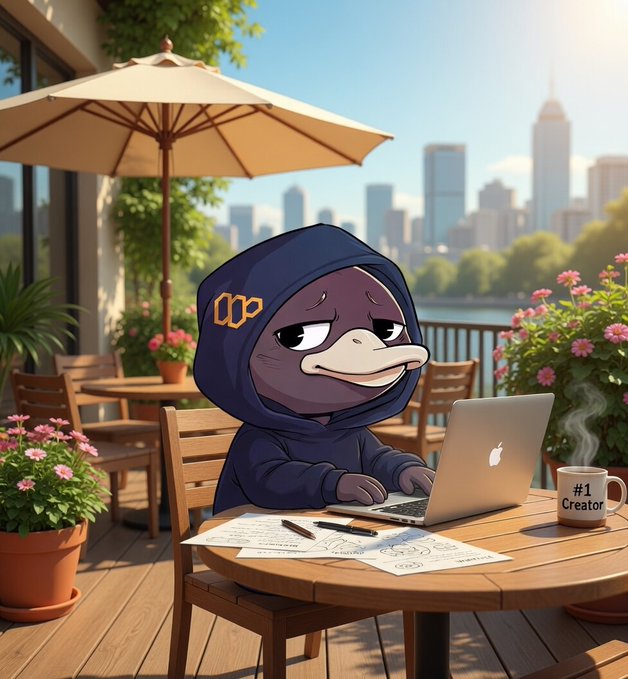 A cartoon duck in a blue hoodie works on a laptop at a sunny patio table, with a mug that reads “#1 Creator.” The scene captures the post’s call to keep building, showing how focused attention fuels community growth and innovation.