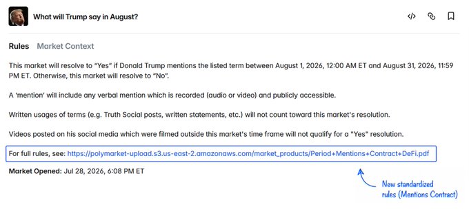 A Polymarket prediction page titled 'What will Trump say in August?' outlining rules for a market resolving to Yes or No based on Trump's mentions of listed terms during August 2026.