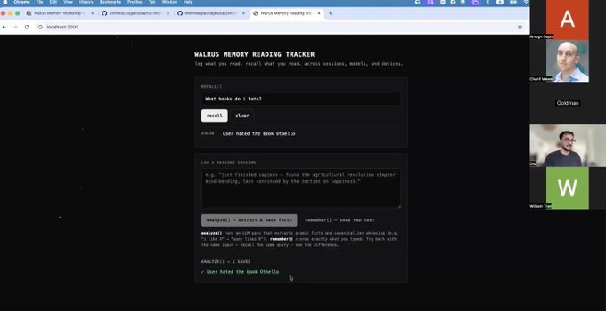 The image shows a computer screen with a web browser open, displaying a page about a workshop called "Walrus Memory Workshop" that was just wrapped up. The workshop focused on building long-term memory for AI agents using the Walrus Memory SDK. Two functions were demonstrated during the workshop - one for setting up delegate keys and another for creating a namespace switcher. Additionally, there is an on-chain verification flow included in the workshop.