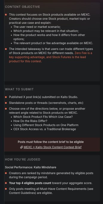 A content contest brief for MEXC and Kaito Stock Content, outlining objectives, submission requirements, and how creators are judged by Kaito Mindshare.