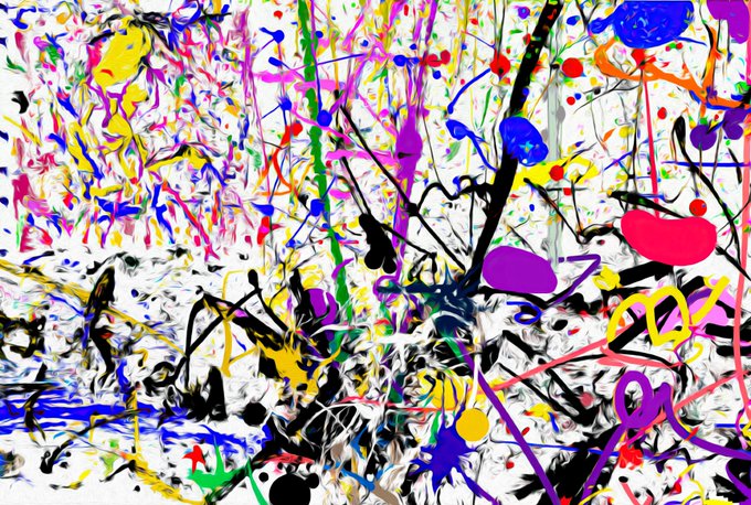 The image features a large abstract painting with splatters of paint covering most of the canvas, creating an impressionistic style. The colors used are predominantly white, black, and red, which gives the artwork a bold and striking appearance. The background is white, providing contrast that makes the colorful elements stand out even more. The painting seems to be a part of a larger collection or exhibition, as there are other paintings in the background, suggesting it could be an auction or a gallery showcasing artworks.