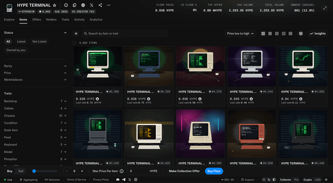 The image shows a marketplace interface for "HYPE TERMINAL" NFTs, displaying 6,660 items with a floor price of 0.938 HYPE and 24-hour volume of 2,263.95 HYPE. The listing features various retro-style computer terminal NFTs with green phosphor screens and colorful backgrounds, available for purchase on what appears to be a Web3 NFT trading platform, directly supporting the post's mention of the HypeTerminal NFT collection and its rapid value increase.
