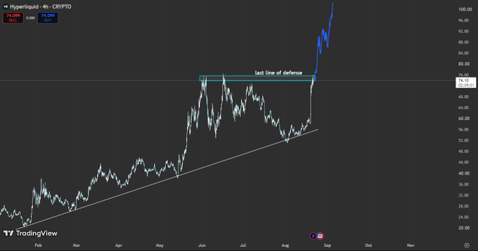The image shows a 4-hour TradingView chart of Hyperliquid ($HYPE) cryptocurrency, with a highlighted "last line of defense" zone near $76 and a recent breakout above resistance to $74,099, illustrating the price discovery waiting room mentioned in the post.