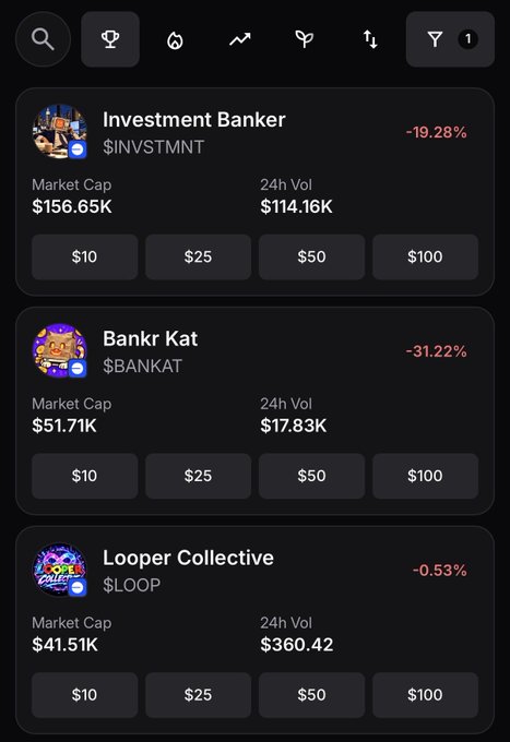 A dark-themed mobile app interface displaying cryptocurrency or NFT collection cards including 'Investment Banker' ($INVSTMNT) at -19.28%, 'Bankr Kat' ($BANKAT) at -31.22%, and 'Looper Collective' ($LOOP) at -0.53%, showing market caps and 24-hour volumes.