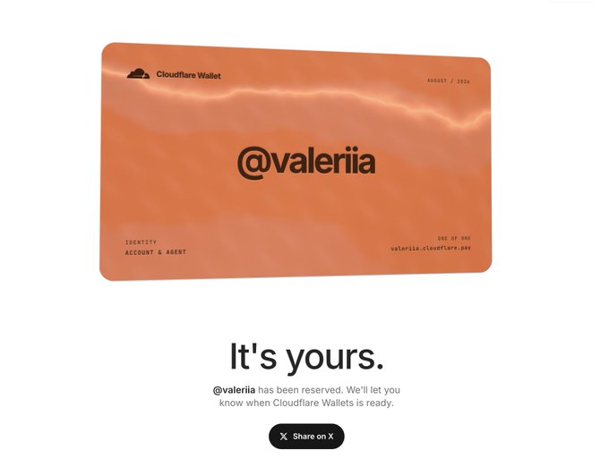 A confirmation page for a Cloudflare Wallet username reservation, displaying the handle "@valeriia" on an orange card dated August 2026, with the message "It's yours" and a note that the username has been reserved. The image corresponds to the post by showcasing the newly reserved wallet name "valeriia" matching the official passport identity referenced in the caption.
