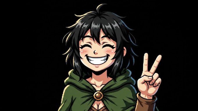 An anime-style character with messy black hair smiles brightly and flashes a peace sign against a black background, complementing the post's uplifting message about Cambria's responsible and transparent response to the Emerald bug.
