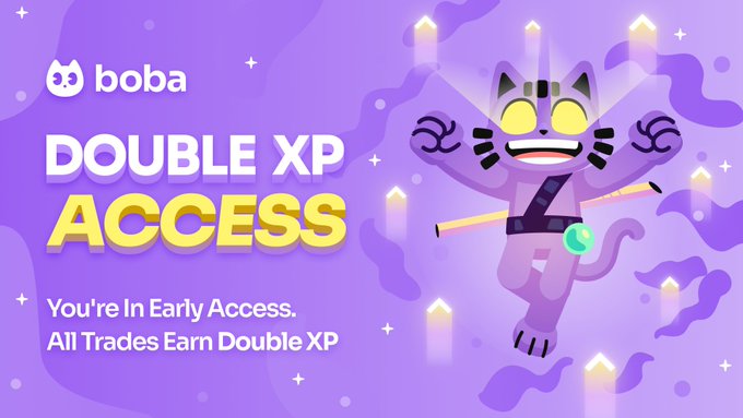 The image shows a vibrant purple promotional graphic featuring the Boba brand with a cartoon cat mascot ninja holding a glowing green orb. Bold text reads "DOUBLE XP ACCESS" with the tagline "You're In Early Access. All Trades Earn Double XP," visually reinforcing the post's announcement that early access is now live and all traders can earn double XP on every trade.