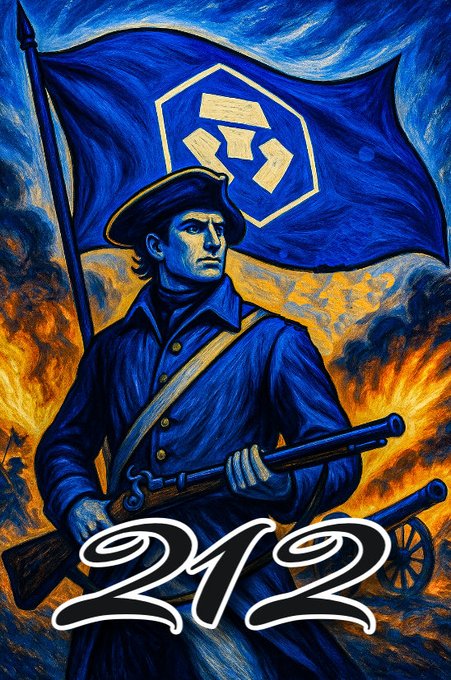 A blue‑clad soldier stands defiantly before a fiery backdrop, brandishing a musket and holding a flag with a gold hexagonal logo, while the stylized number “212” dominates the foreground—this is the inaugural concept art for the Cronos Army, the logo that still defines our brand.
