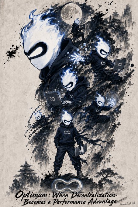 An artistic illustration featuring figures with flame-like heads wearing dark hoodies, surrounded by Japanese-style pagodas and a moonlit sky, with text reading 'Optimum: When Decentralization Becomes a Performance Advantage' signed by 'khunklun98'.