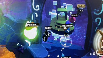 A screenshot from a co-op gaming session in OthersideMeta shows players Pamela.D., SSOW, HEAVTHEN, Steph, Dubie, and DunKIn battling fiery enemies in a vibrant blue, honeycomb-themed environment. The image accompanies a post celebrating a community gaming night in HV_MTL's challenge, where over 1000 $APE tokens were distributed to participants.