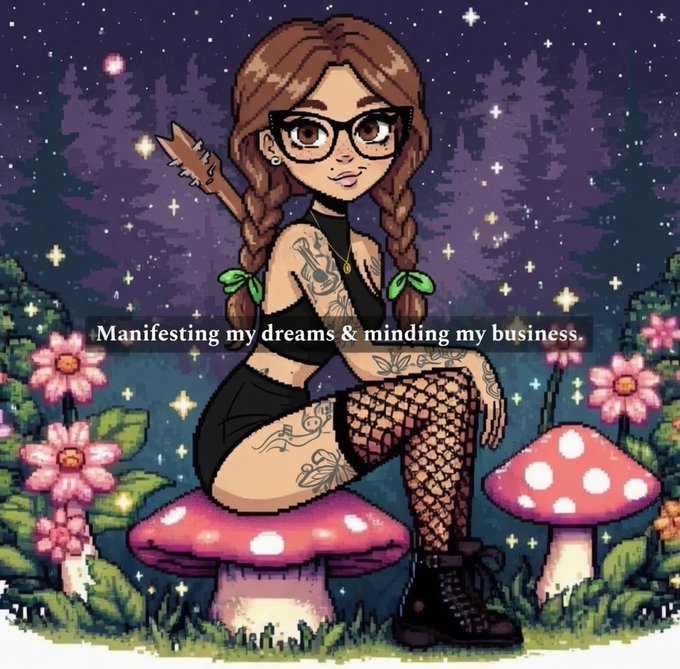 A pixel-art style illustration shows a tattooed, bespectacled woman with braided hair sitting on a pink mushroom in a starry forest, accompanied by the caption "Manifesting my dreams & minding my business." The mystical, "manifesting" theme of the image ties into the post's announcement of Ugly Guys NFT's "first manifestation of pure abstractionism," aligning the project's aesthetic with the idea of bringing artistic visions to life.