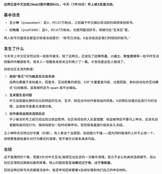A Chinese article about two Web3 Chinese crypto KOLs, 王小帅 (@xiaoshen) and 扫地僧 (@csf1349), whose X accounts were frozen by X, citing spam-like high-frequency engagement as the likely cause.