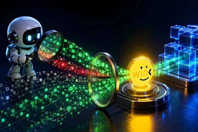 A 3D rendered robot holding a magnifying glass examines streams of green and red binary code, with a glowing yellow coin labeled 'WINC' and stacked blue digital blocks on the right.