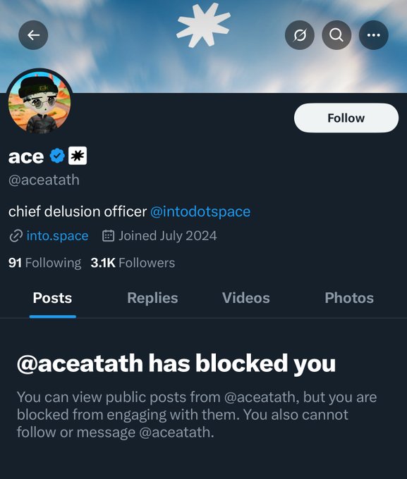 The image shows the Twitter/X profile of @aceatath displaying a notification that they have blocked the viewer, with the message "@aceatath has blocked you" and noting 3.1K followers. This relates to the post by displaying the blocked user's profile, supporting the claim about a dispute regarding the alleged multimillion exit scam by @intodotspace.