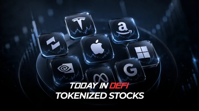 A graphic titled 'TODAY IN DEFI: TOKENIZED STOCKS' featuring glass-like cubes displaying logos of major companies including Tesla, Amazon, Apple, Microsoft, Google, NVIDIA, and Meta.