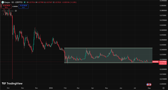 A TradingView 1D chart of Kaspa (KAS) crypto shows the price consolidating within a highlighted rectangular range between approximately $0.033 and $0.039 from February through July, illustrating the tight "coiling up" price action referenced in the post. With current price at $0.027830, the chart visually supports the commentary about sideways accumulation and strong support holding despite low summer volume.