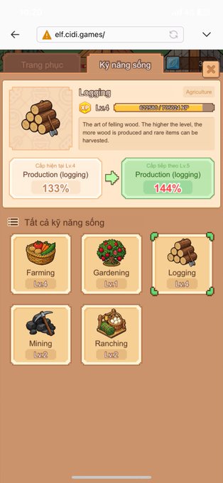 A mobile screenshot from elf.cidi.games showing the 'Kỹ năng sống' (Life Skills) menu, highlighting the Logging skill at level 6 with 133% production, upgrading to level 5 for 144% production.