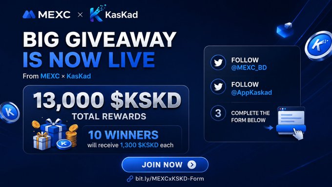 The image features a promotional banner for a giveaway hosted by MEXC and KasKad, with a total prize pool of 13,000 KSKD each winner receiving 1,300 KSKD. The banner also includes social media sharing buttons that users can click on to share their experience with the giveaway on Twitter or Instagram. The image is accompanied by text in both English and Spanish, which may be related to the giveaway's theme or instructions for participating.