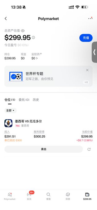 A smartphone screenshot of the Polymarket app showing a total portfolio value of $299.95, with a position on the Mexico vs Ecuador World Cup match where the user is currently profiting $8.72 (2.98%).