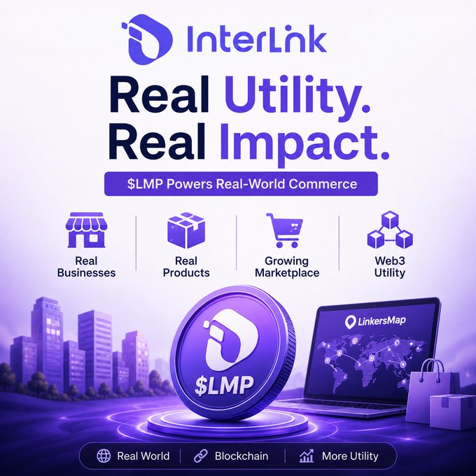 A promotional graphic for 'InterLnk' featuring the text 'Real Utility. Real Impact.' and '$LMP Powers Real-World Commerce,' with icons for Real Businesses, Real Products, Growing Marketplace, and Web3 Utility.