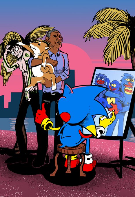 A cartoon-style illustration with a pink and blue gradient sunset background featuring palm trees and a city skyline. It depicts several characters: a man holding a corgi dog, a pale thin figure, and a blue Sonic-like character being painted on an easel.