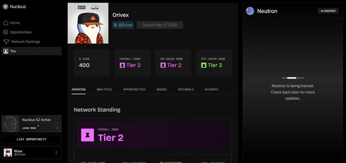 The Nucleus dashboard shows user "Orivex" with Aura 400 and "Tier 2" overall rank, reflecting the improved UI and network rankings mentioned in the post.
