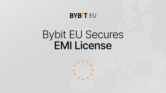 A Bybit EU promotional banner announcing 'Bybit EU Secures EMI License' with EU stars logo on a light gray background.