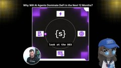 A YouTube thumbnail titled 'Why Will AI Agents Dominate DeFi in the Next 12 Months?' featuring a circular graphic with the text 'Look at the DEFI' and small images of a person and a cartoon character wearing sunglasses and a 'GM' cap.