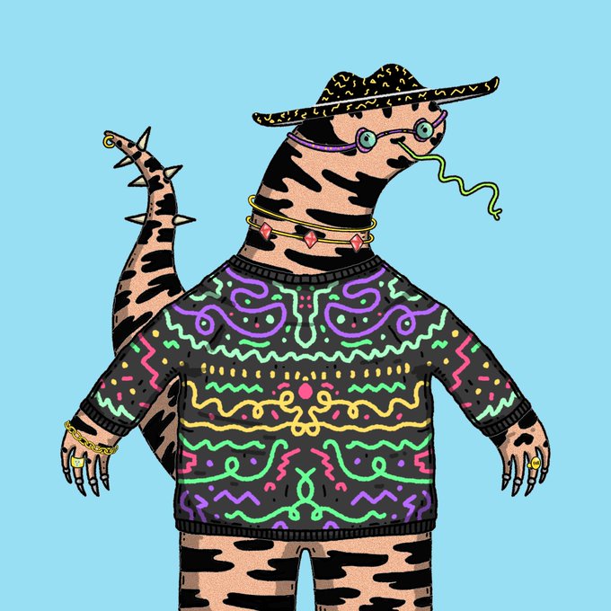 A whimsical, cartoon-style illustration of an anthropomorphic reptilian creature wearing a colorful patterned sweater, a cowboy hat, glasses, jewelry, and smoking a small pipe.