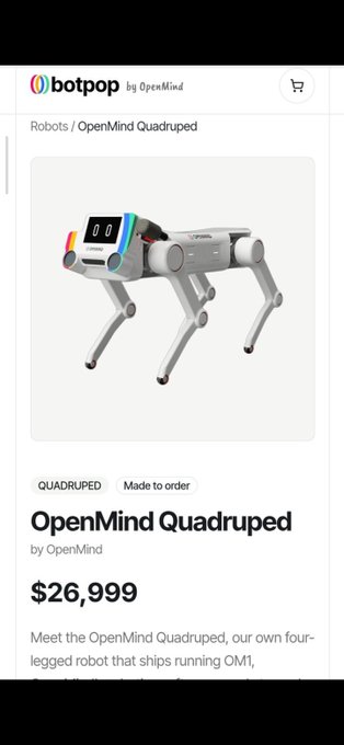 The image shows a product page for the "OpenMind Quadruped" robot priced at $26,999, listed on botpop by OpenMind, which the post uses as evidence to calculate the robot's equivalent value of 0.085943 Pi.
