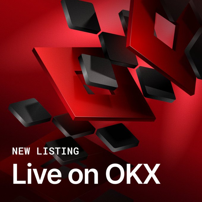 The image features a red background with black squares scattered throughout, creating an abstract pattern. The text "New listing Live on OKX" is written above the squares, indicating that this is a new listing for TRXUSD Expiry Perpetuals (X-Perps) on OKX Europe. This development marks a major milestone in TRON's expansion into regulated global markets and provides MiFID-compliant derivative access to TRX across 30 jurisdictions within the European Economic Area (EEA).
