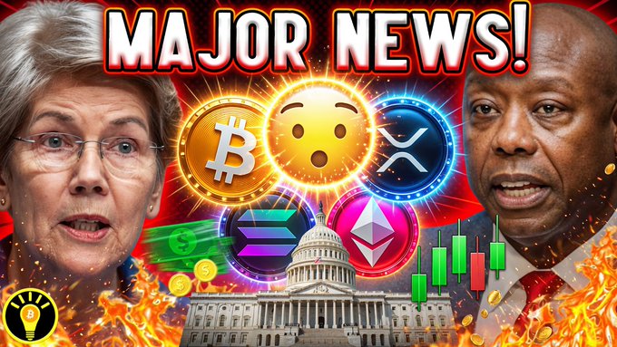 The image is a YouTube thumbnail-style graphic featuring "MAJOR NEWS!" text at the top, with Senator Elizabeth Warren on the left and Senator Tim Scott on the right, alongside cryptocurrency logos (Bitcoin, XRP, Solana, Ethereum), the U.S. Capitol building, stock charts, and flames, visually promoting the post's announcement about the Clarity Act gaining bipartisan Democratic support and potentially passing the Senate.