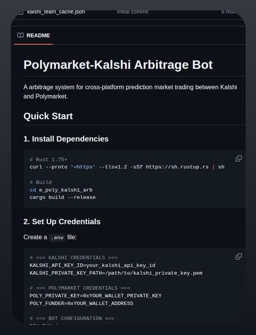 A GitHub README for the "Polymarket-Kalshi Arbitrage Bot" displayed on a mobile view, showing installation commands requiring Rust 1.75+ and instructions to set up `.env` credentials for both Kalshi and Polymarket APIs.