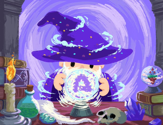 A pixel-art wizard gazes into a glowing crystal ball surrounded by mystical objects like a lit candle, potion bottles, a spellbook, a skull, crystals, and a smaller snow globe—all set against a swirling purple backdrop, symbolizing foresight and the launch of Arc's mainnet.