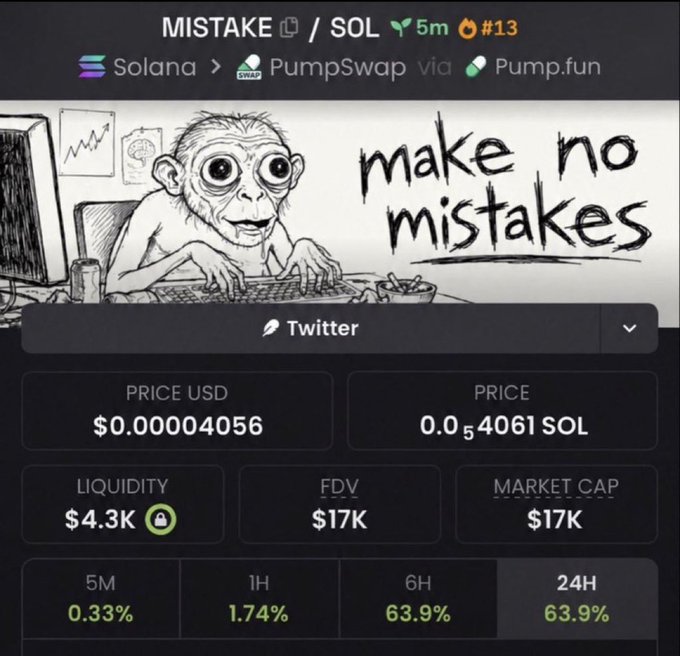 A screenshot of a cryptocurrency token page titled "MISTIAKE / SOL" with a meme image of a monkey at a computer and the text "make no mistakes", showing prices in USD and SOL.