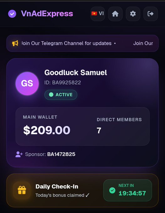A dashboard screenshot of VnAdExpress showing user 'Goodluck Samuel' (ID: BA9925822) with a main wallet balance of $209.00, 7 direct members, and a daily check-in countdown.