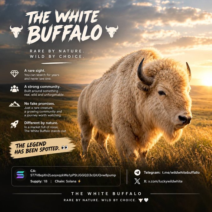 A promotional graphic for a cryptocurrency called "THE WHITE BUFFALO" featuring a white buffalo on a grassy field, with the tagline "RARE BY NATURE. WILD BY CHOICE." and listing contract address, supply of 1B, and Solana chain details alongside Telegram and X links.