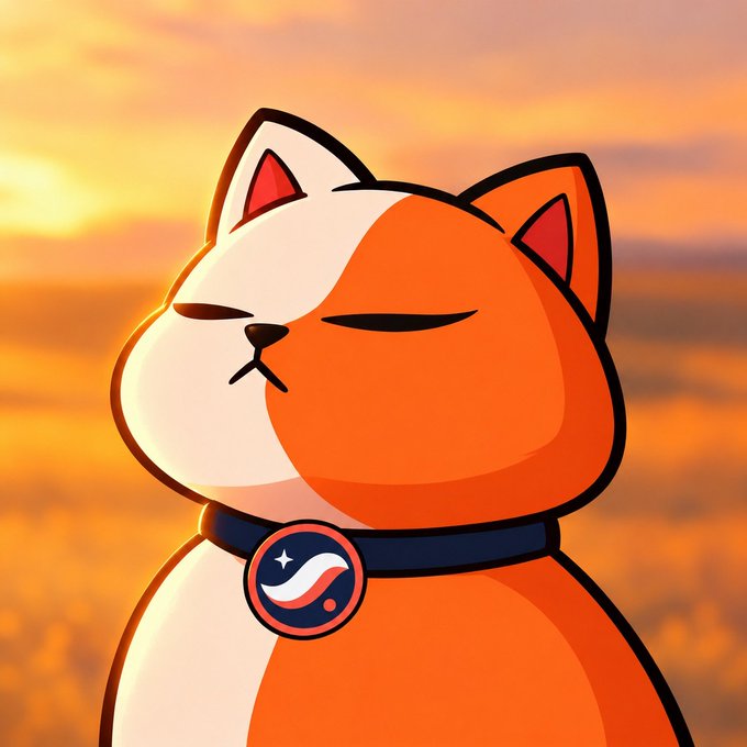 An illustration of an orange and white cartoon cat with closed eyes wearing a collar with a circular tag, set against a sunset background.