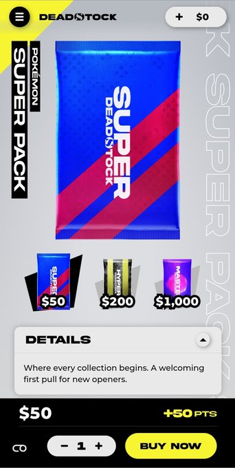 A screenshot from the DeadStock app showing a 'Pokemon Super Pack' for $50 with a +50 PTS reward, featuring 'Super' branding and details stating 'Where every collection begins. A welcoming first pull for new openers.'