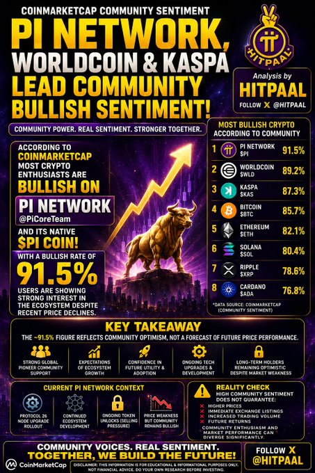 An infographic titled 'PI NETWORK, WORLDCOIN & KASPA LEAD COMMUNITY BULLISH SENTIMENT!' analyzing cryptocurrency community sentiment, with Pi Network at 91.5%, Worldcoin at 89.2%, and Kaspa at 87.3%, credited to CoinMarketCap and HITPAAL.
