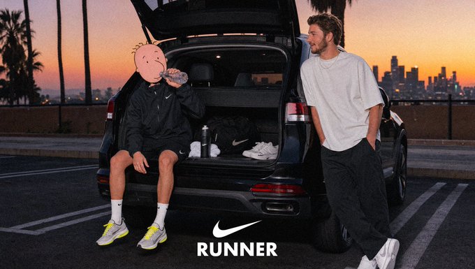 A cartoon character sits in the open trunk of a black SUV sipping a drink, sharing the sunset-lit overlook of a city skyline with a casually dressed young man, as the white "Nike RUNNER" logo appears centered at the bottom—matching the post's reference to the $Runner meme coin.
