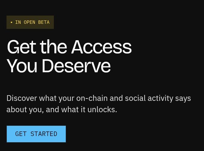 A dark webpage screenshot with a 'IN OPEN BETA' tag, large white text reading 'Get the Access You Deserve', and a blue 'GET STARTED' button.