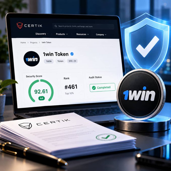 A laptop shows the CertiK audit page for 1win Token (1WIN, ERC-20) displaying a 92.61 Security Score, an AA rank of #461 (Top 10%), and a "Completed" audit status, alongside a glowing blue verification shield, a 1win coin, and a printed CertiK report.